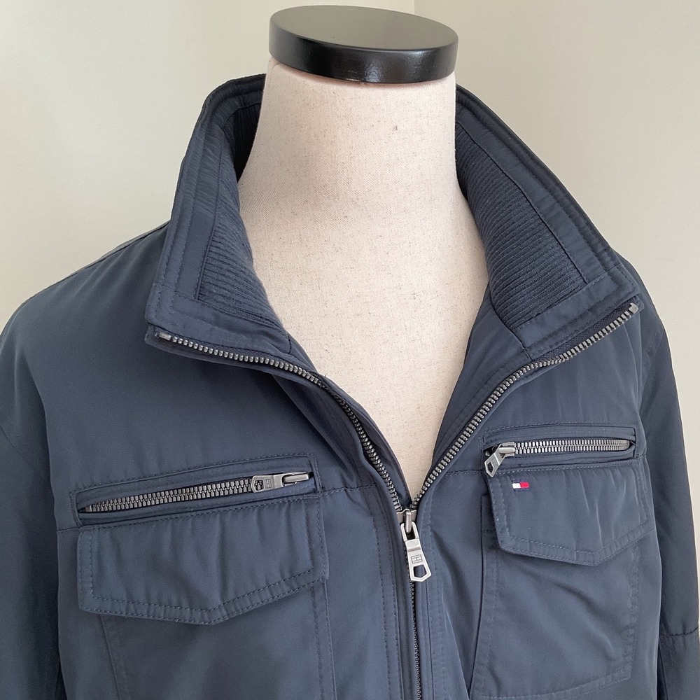 Tommy Hilfiger Jacket‎ XL Mens Full Zip Bomber Blue Collared Hidden Hood - Picture 2 of 9
